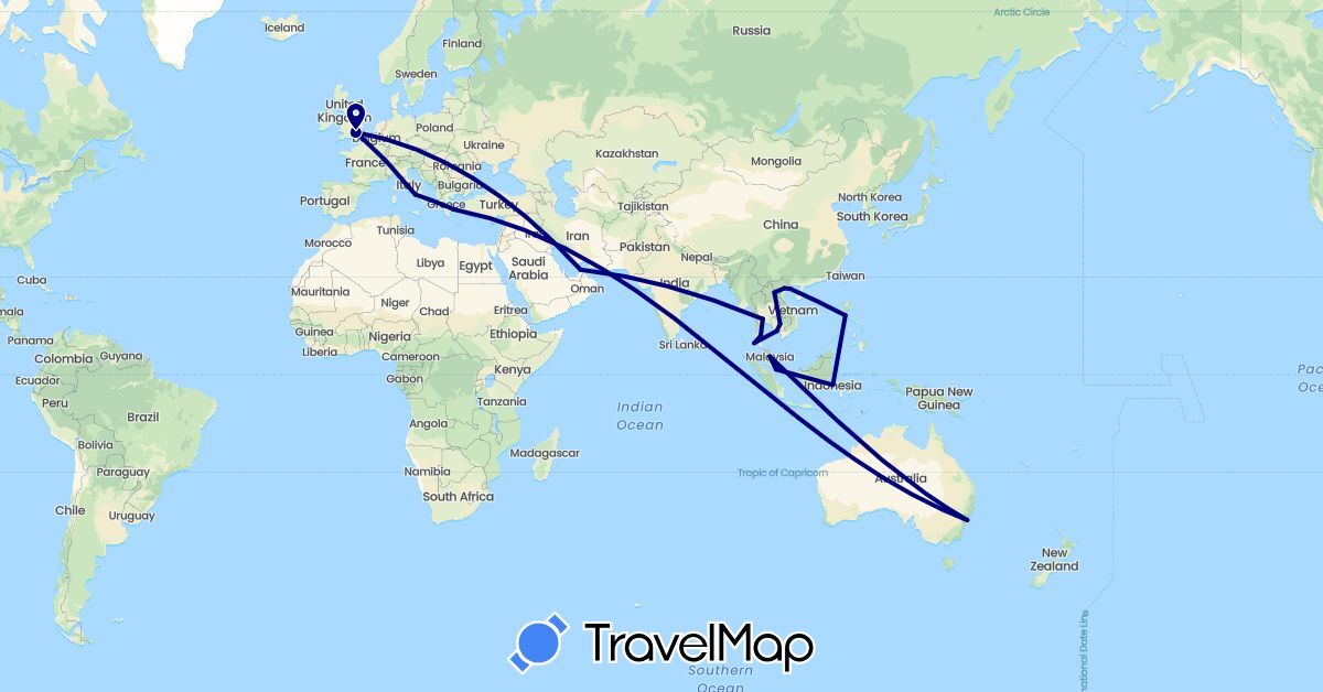 TravelMap itinerary: driving in United Arab Emirates, Australia, United Kingdom, Greece, Indonesia, Italy, Cambodia, Laos, Malaysia, Philippines, Singapore, Thailand, Vietnam (Asia, Europe, Oceania)