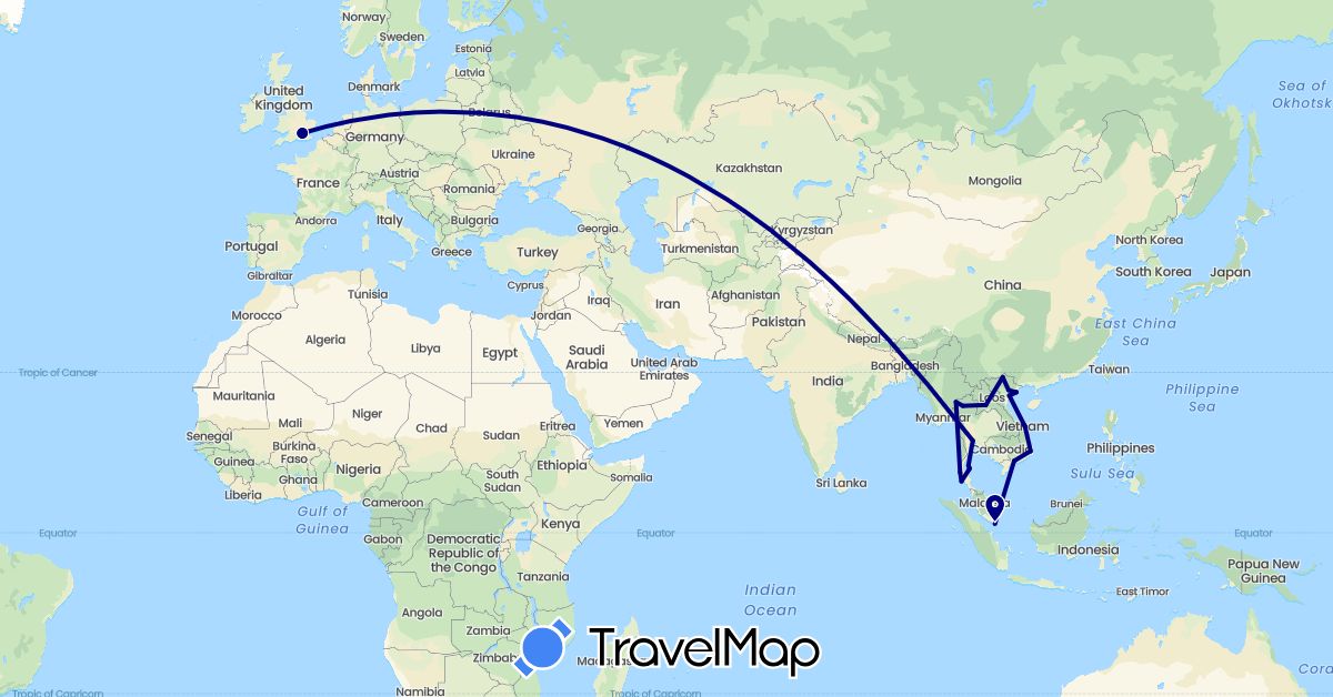 TravelMap itinerary: driving in United Kingdom, Laos, Singapore, Thailand, Vietnam (Asia, Europe)